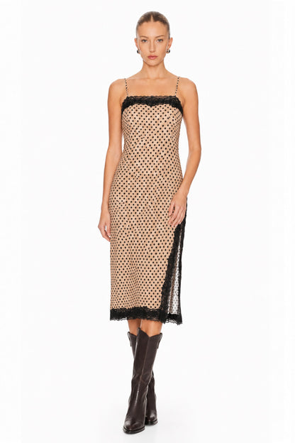 Sunzel Womens Polka Dot Slip Dress Lace Trim Spaghetti Strap Midi Dress, Side Slit Summer Going Out Party Vacation Dress