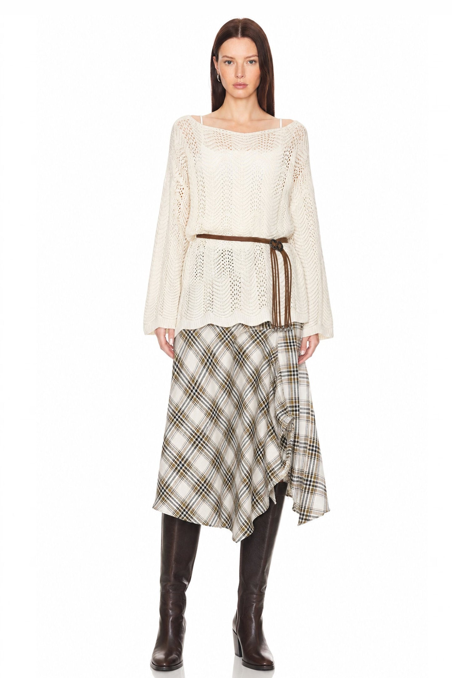 Sunzel Womens Openwork Knit Poncho Sweater Belted Long Sleeve Loose Fit Fall Pullover Top