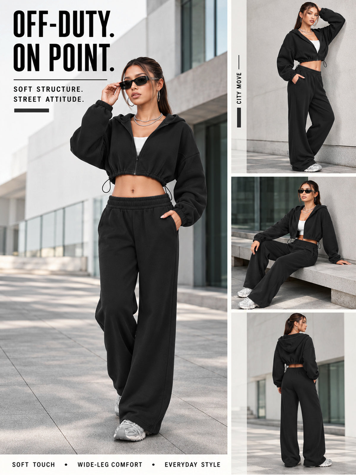 Sunzel Women's Two Piece Sweat Set Cropped Zip-Up Hoodie and Wide-Leg Pants