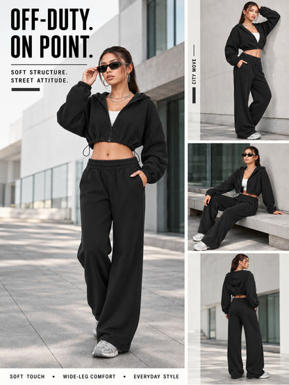 Sunzel Women's Two Piece Sweat Set Cropped Zip-Up Hoodie and Wide-Leg Pants