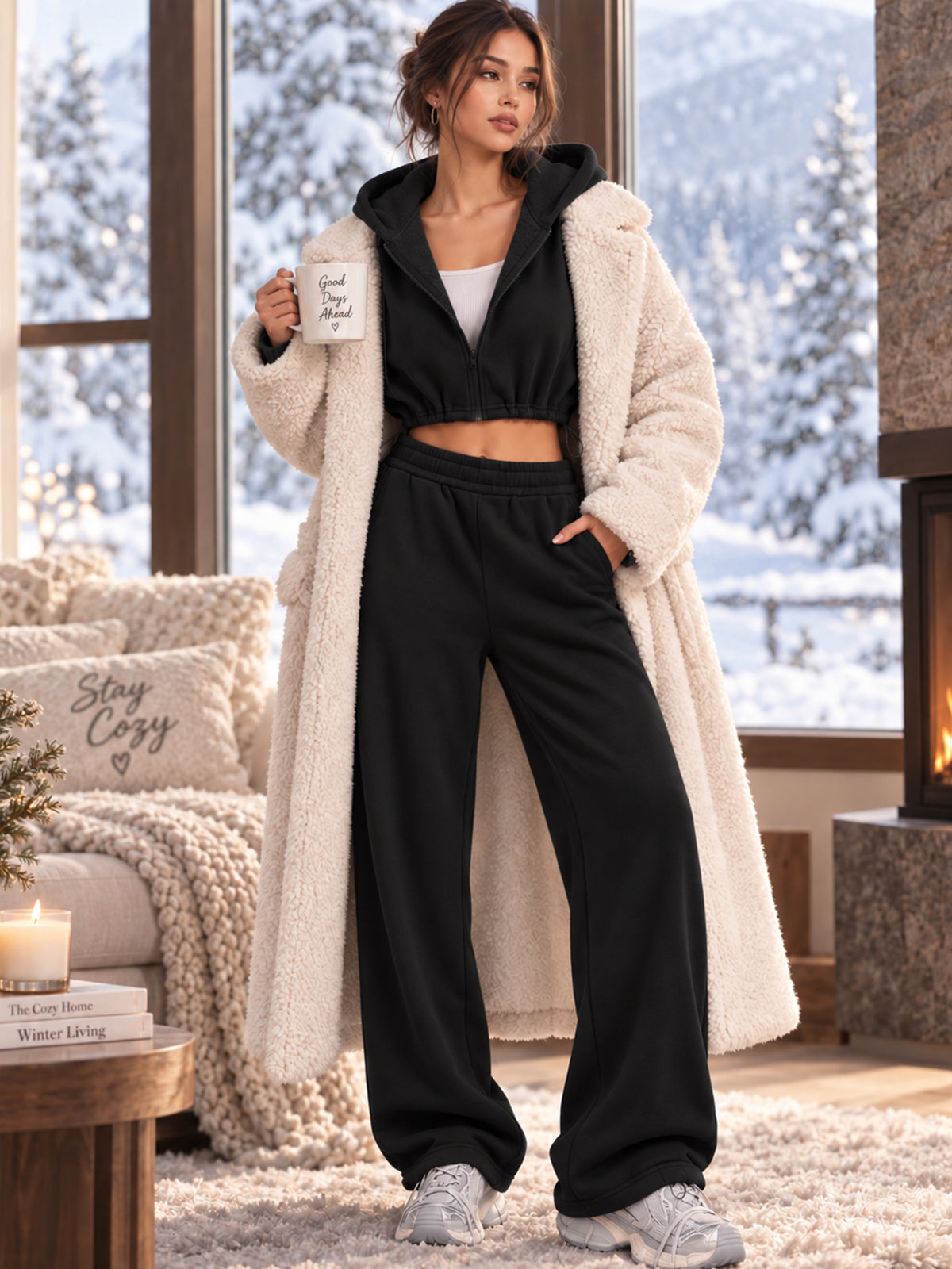 Sunzel Women's Two Piece Sweat Set Cropped Zip-Up Hoodie and Wide-Leg Pants