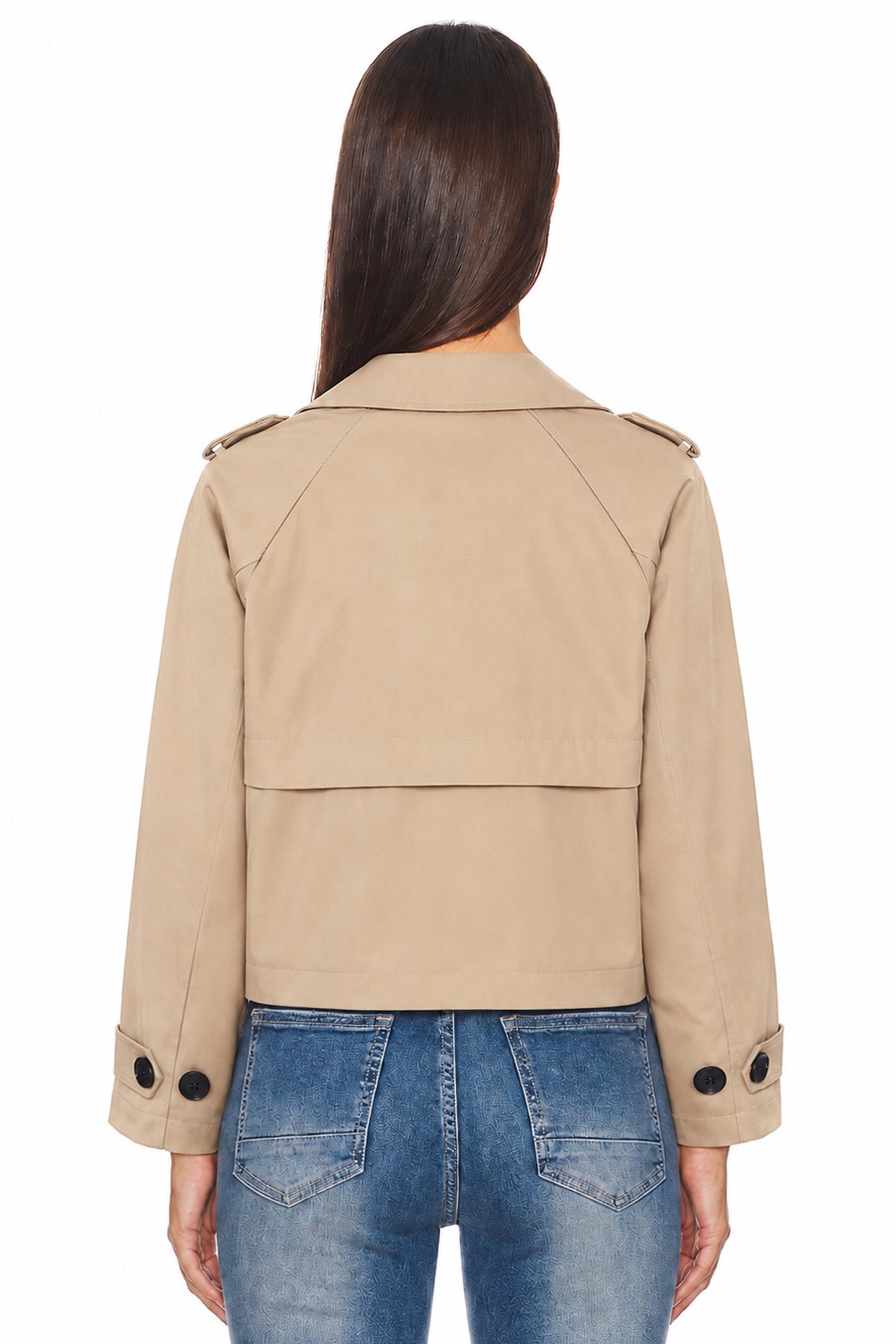 Sunzel Womens Cropped Trench Coat, Khaki Double Breasted Short Trench Jacket, Lapel Collar Long Sleeve Fall Outerwear with Button Cuffs