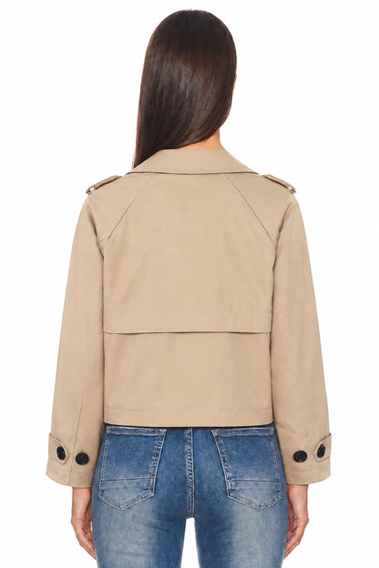 Sunzel Womens Cropped Trench Coat, Khaki Double Breasted Short Trench Jacket, Lapel Collar Long Sleeve Fall Outerwear with Button Cuffs