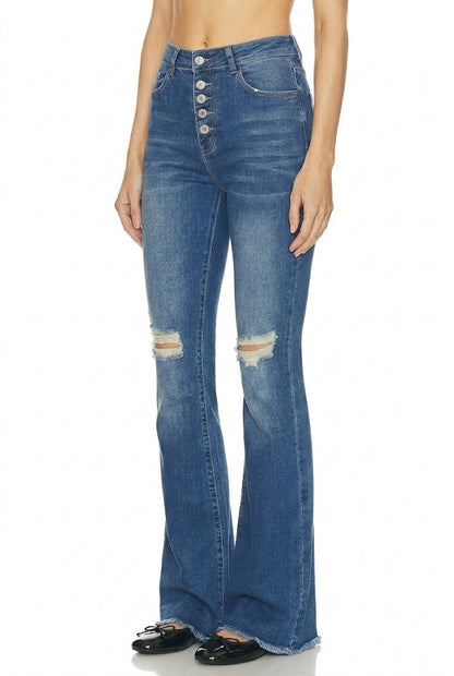 Sunzel Womens High Waisted Flare Jeans Ripped Knee Button Fly Denim Pants Frayed Hem Vintage