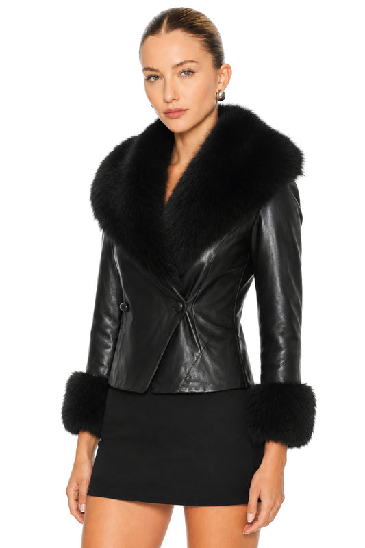Sunzel Womens Faux Leather Jacket Faux Fur Collar Cuffs Lace Up Back, Cropped PU Leather Coat Button Front Dressy Winter Going Out Outerwear