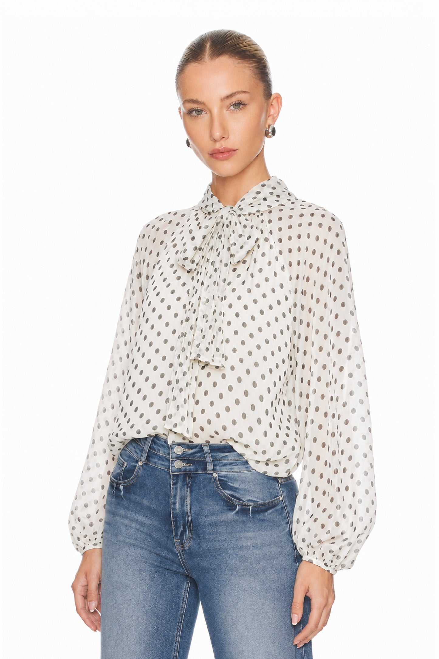Sunzel Womens Polka Dot Chiffon Blouse Tie Neck Long Sleeve Sheer Dressy Office Top Loose Work Shirt