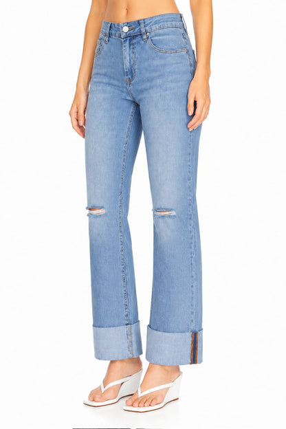 Sunzel Womens Cuffed Straight Leg Jeans High Waisted Distressed Denim Pants, Rolled Hem Casual Jean Pants with Pockets