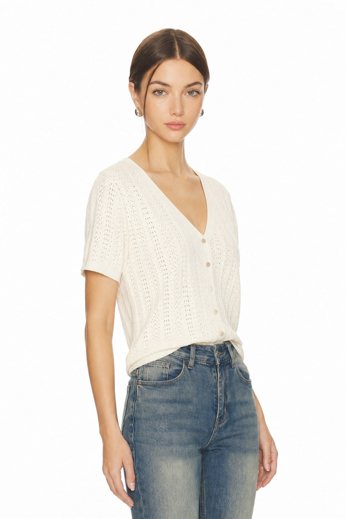 Sunzel Womens Short Sleeve Knit Cardigan Openwork Button Down Summer Sweater Top Lightweight V Neck