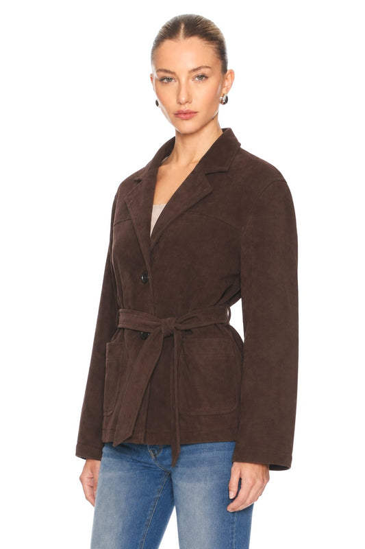 Sunzel Womens Brown Suede Look Short Trench Coat Belted Lapel Button Front Fall Jacket with Pockets