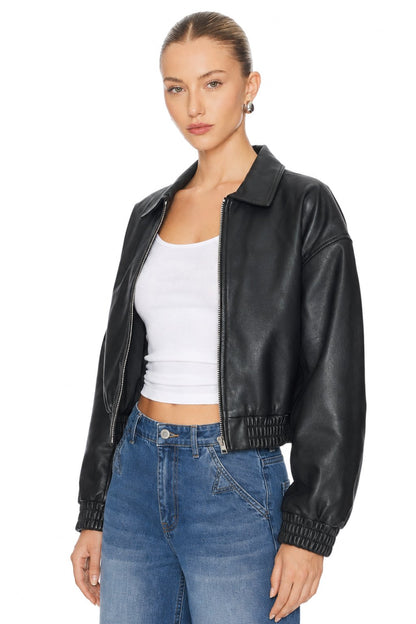 Women Faux Leather Jacket Cropped Bomber Jacket Oversized PU Leather Coat with Pockets, Black Zip Up Moto Jacket, Trendy Streetwear Fall Spring Outwear