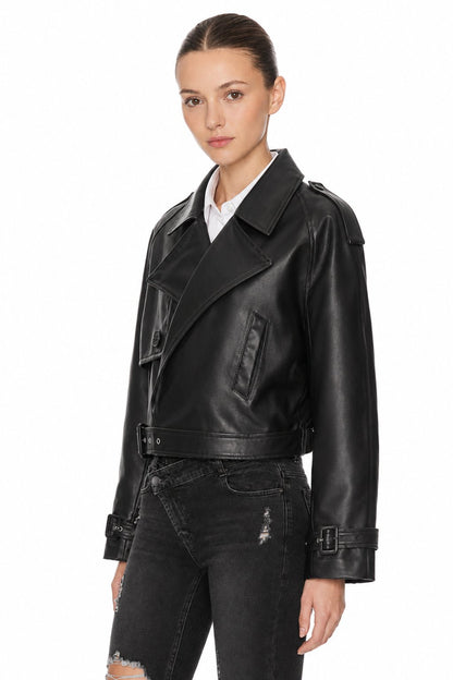 Sunzel Womens Faux Leather Moto Jacket Cropped Asymmetric Zip Biker Coat, Black Belted Biker Jacket with Buckle Cuffs Pockets