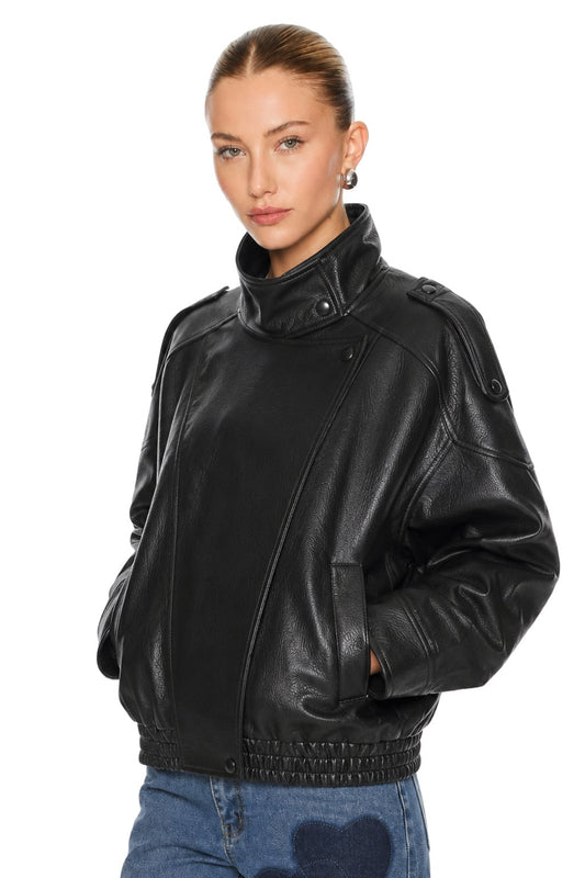 Sunzel Womens Faux Leather Bomber Jacket Moto Zip Up Coat Stand Collar, Oversized PU Leather Short Fall Winter Outerwear with Pockets