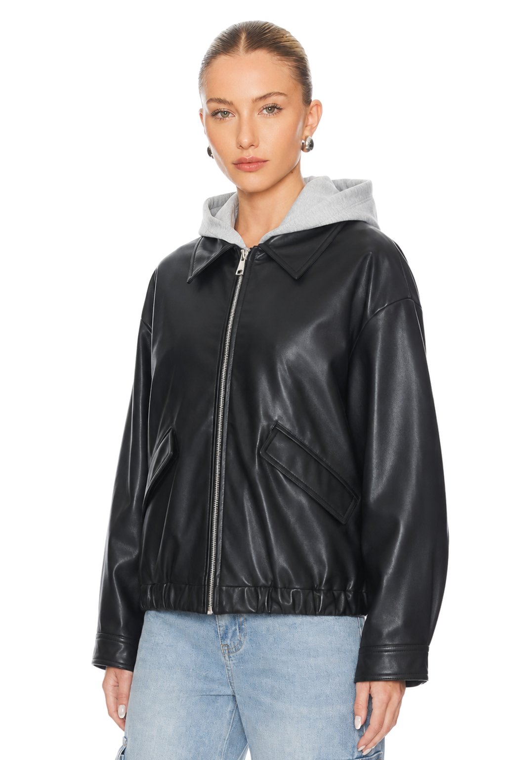 Sunzel Womens Faux Leather Hooded Bomber Jacket Cropped Black Zip Up Coat, Oversized Fall Winter Casual Outerwear with Pockets