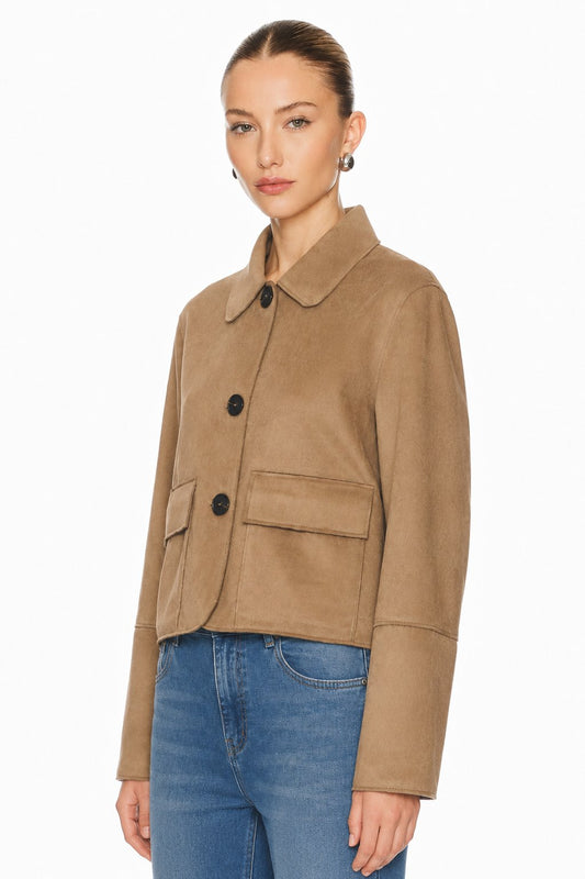 Sunzel Womens Faux Suede Jacket Cropped Button Front Fall Coat, Camel Lapel Short Dressy Casual Outerwear with Flap Pockets