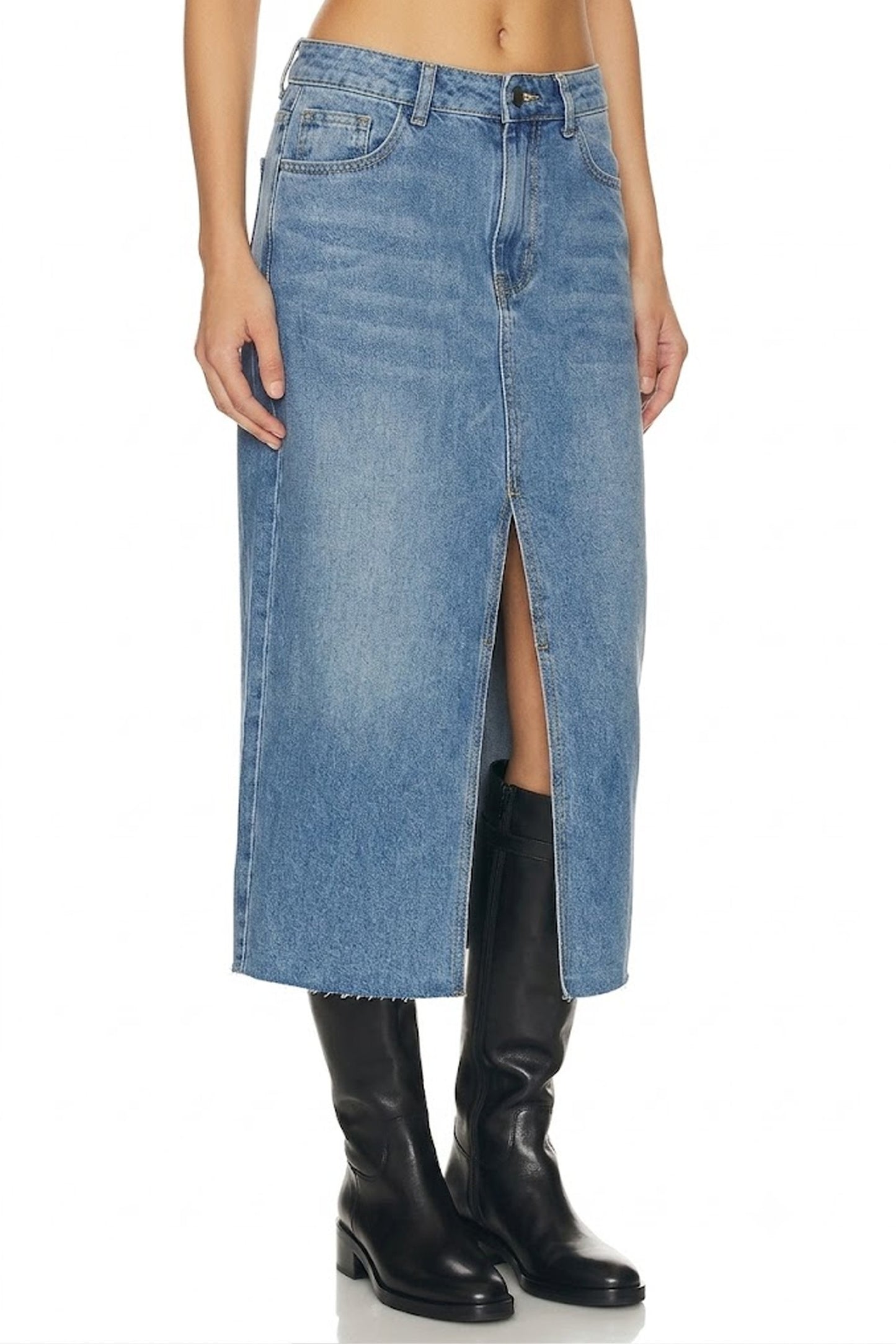 Sunzel Womens Denim Midi Skirt High Waisted Jean Skirt, Front Slit A Line Long Denim Skirt with Pockets Raw Hem Fall Outfit