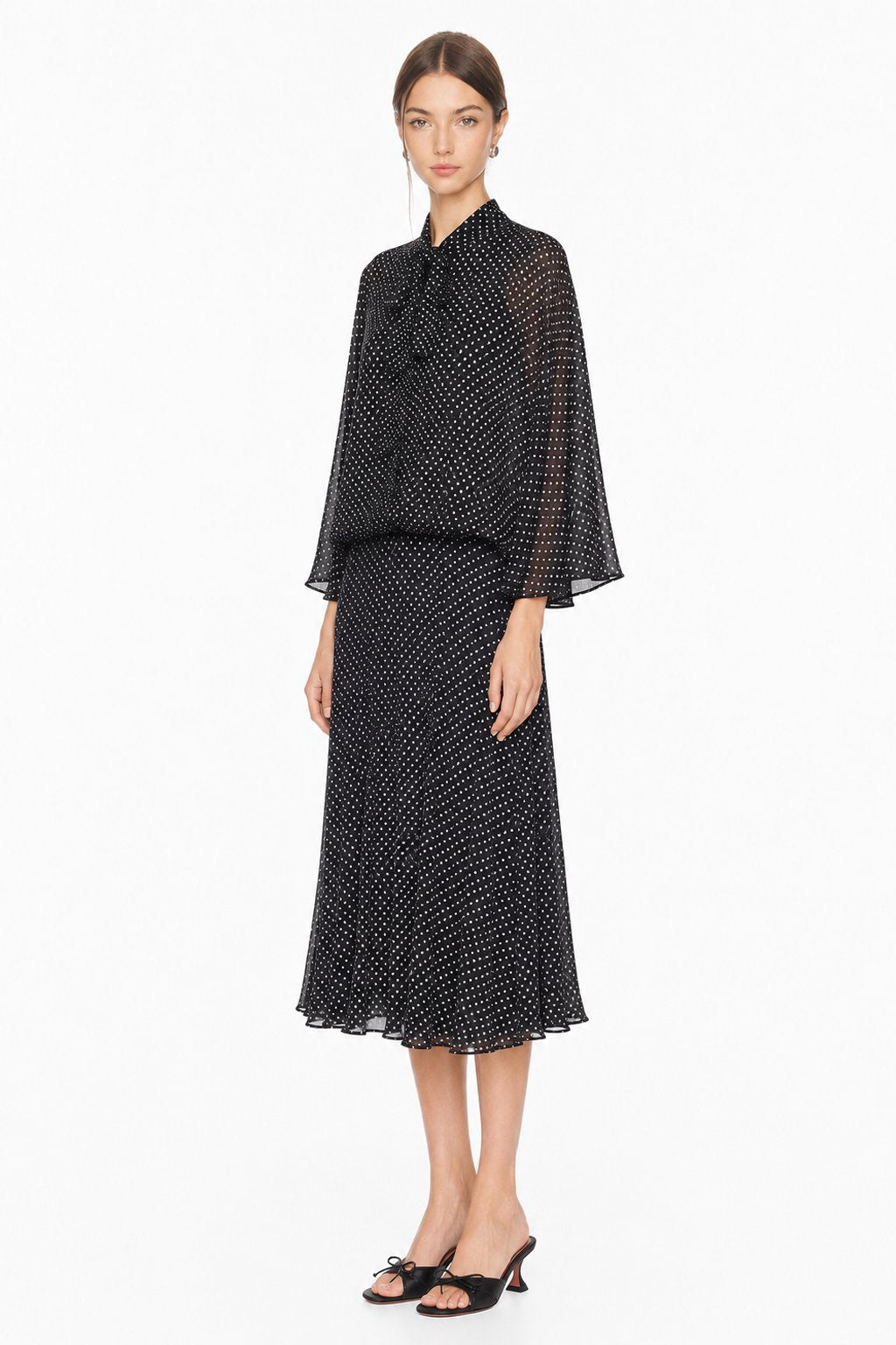 Sunzel Womens Polka Dot Midi Dress Bow Tie Neck Sheer Batwing Sleeve Flowy Spring Summer Dress
