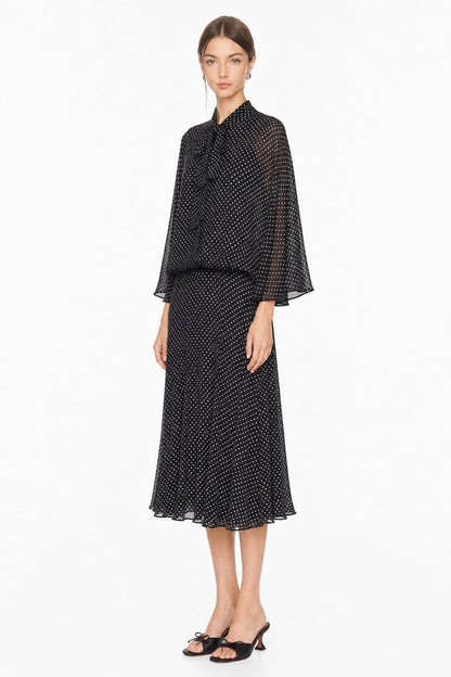 Sunzel Womens Polka Dot Midi Dress Bow Tie Neck Sheer Batwing Sleeve Flowy Spring Summer Dress