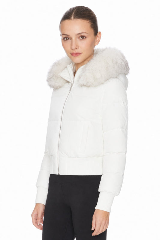Sunzel Womens Cropped Puffer Jacket Faux Fur Hood Short Winter Coat, White Zip Up Warm Outerwear with Ribbed Cuffs and Pockets