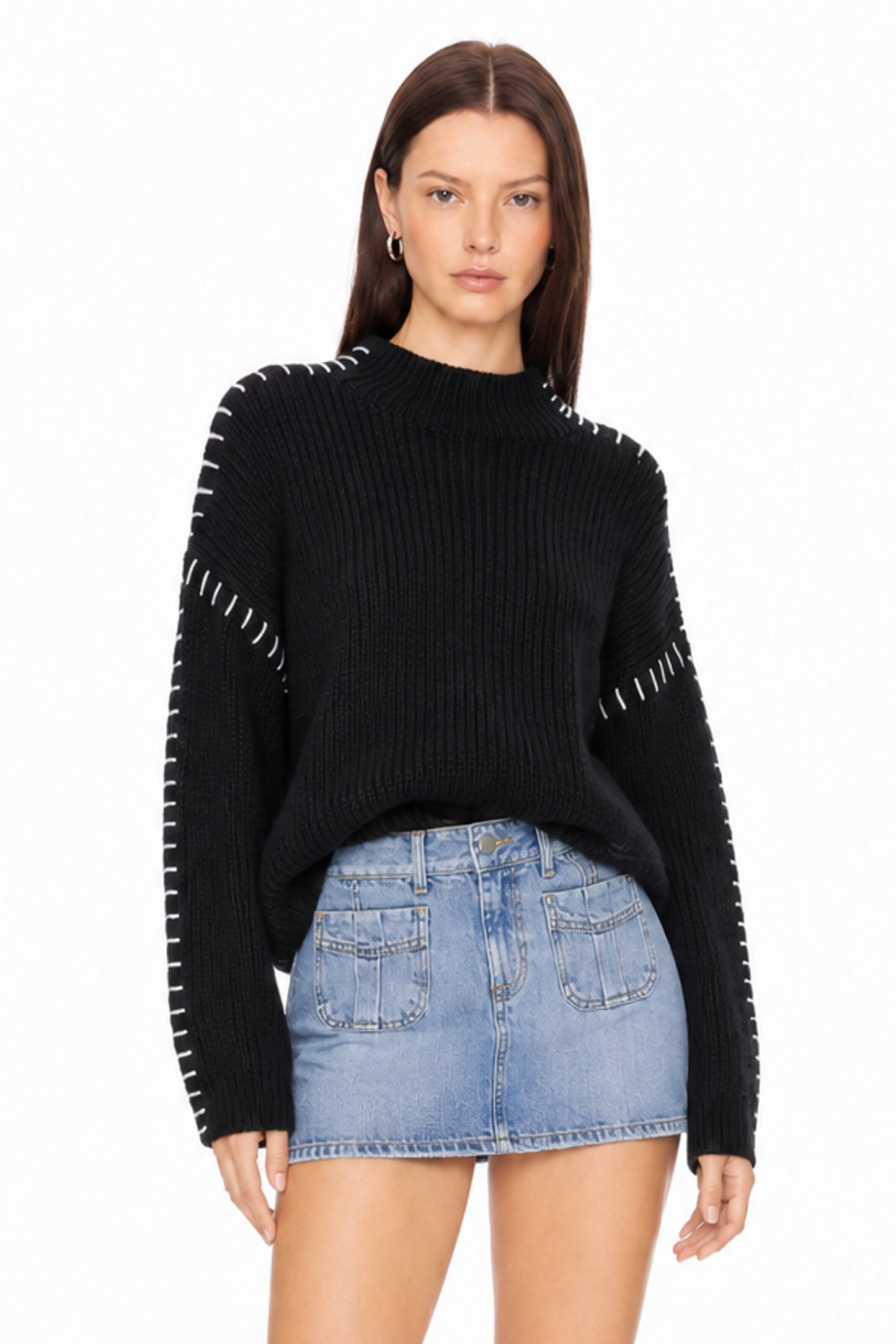Sunzel Womens Chunky Knit Pullover Sweater Mock Neck Contrast Stitch Long Sleeve Loose Fall Winter Top