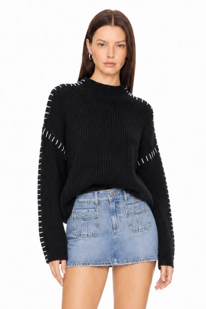 Sunzel Womens Chunky Knit Pullover Sweater Mock Neck Contrast Stitch Long Sleeve Loose Fall Winter Top