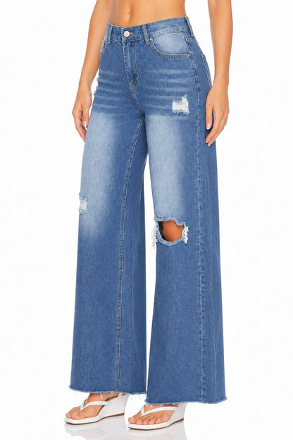 Sunzel Womens Ripped Wide Leg Jeans High Waisted Denim Pants Raw Hem Pocket Smoothing Loose Straight Casual Jeans