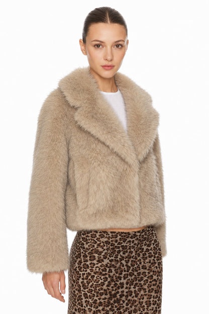 Sunzel Womens Faux Fur Coat Cropped Thick Jacket Plush Lapel Long Sleeve Smoothing Fall Winter Warm Outerwear with Pockets