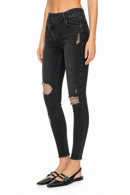 Sunzel Womens Crossover Waist Skinny Jeans High Waisted Ripped Denim Pants Pocket Smoothing Stretch Slim Ankle Jeans