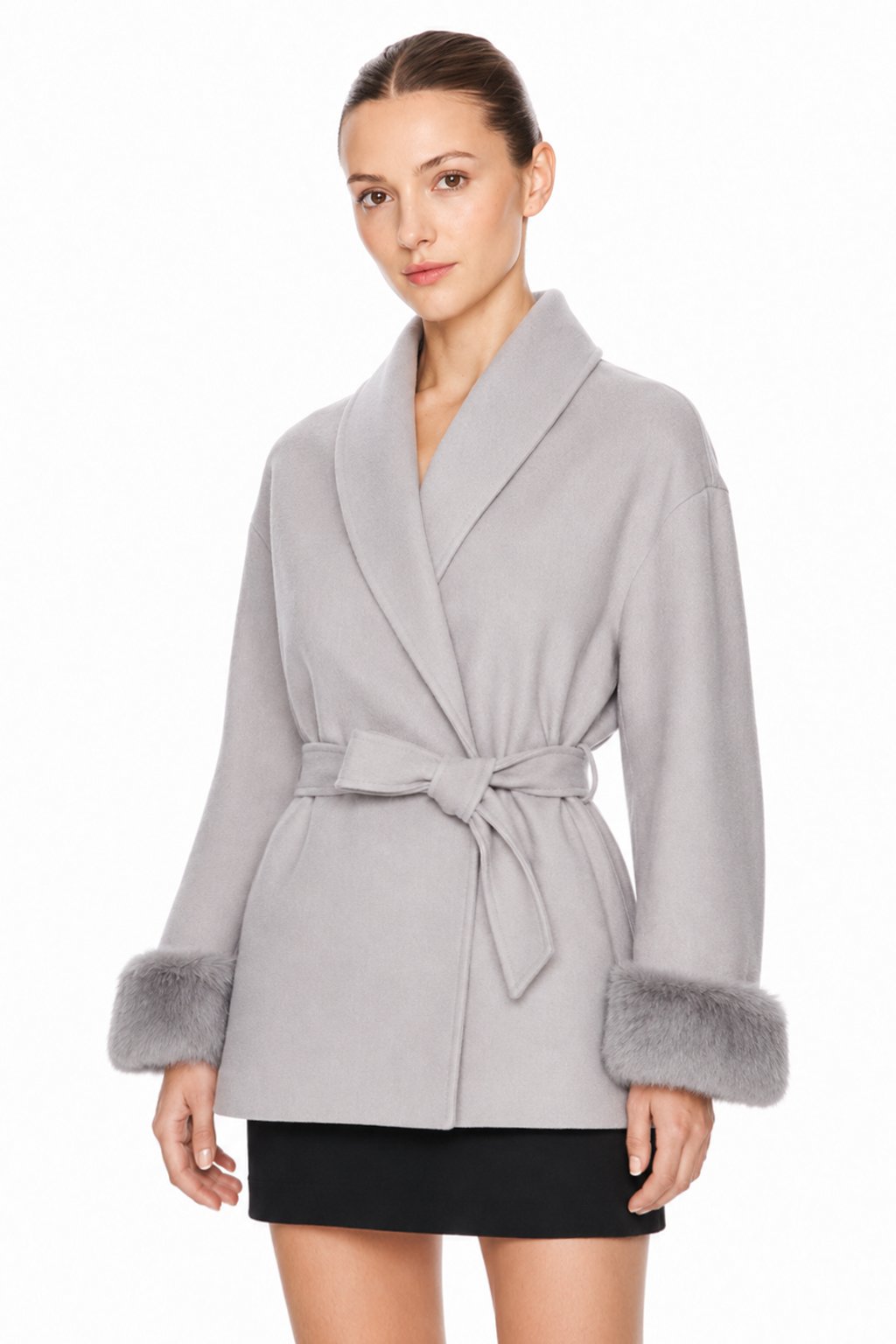 Sunzel Women's Wrap Coat Faux Fur Cuffs Belted Winter Jacket Shawl Collar Wool Touch Open Front Short Dressy Casual Outerwear with Pockets
