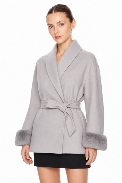 Sunzel Women's Wrap Coat Faux Fur Cuffs Belted Winter Jacket Shawl Collar Wool Touch Open Front Short Dressy Casual Outerwear with Pockets