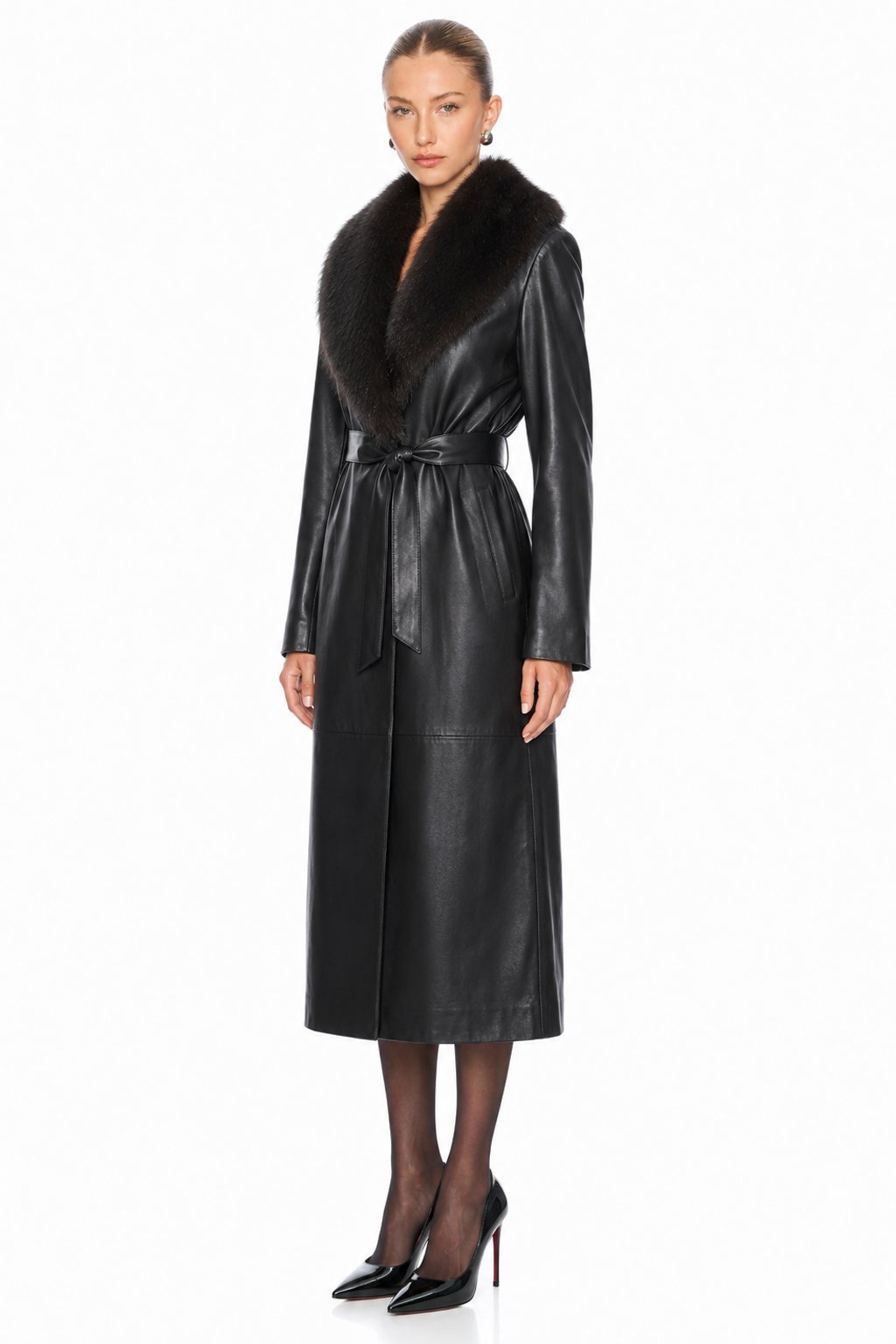 Sunzel Women Black Faux Leather Coat Faux Fur Collar Belted Longline Winter Overcoat with Pockets