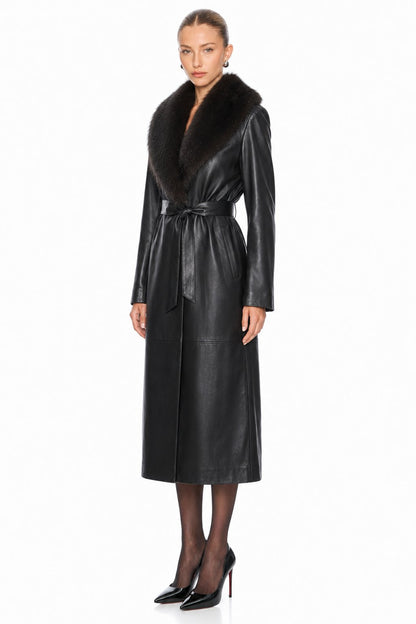 Sunzel Women Black Faux Leather Coat Faux Fur Collar Belted Longline Winter Overcoat with Pockets