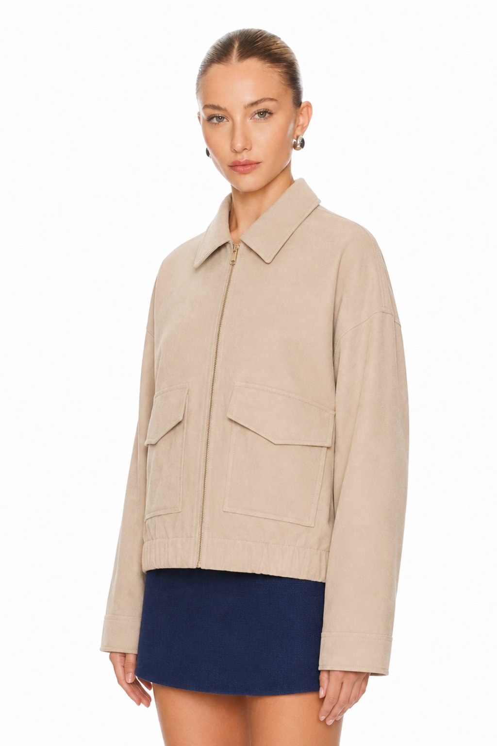 Sunzel Womens Cropped Bomber Jacket Zip Up Utility Jacket with Pockets, Collared Long Sleeve Lightweight Fall Outerwear, Beige Casual Short Jacket
