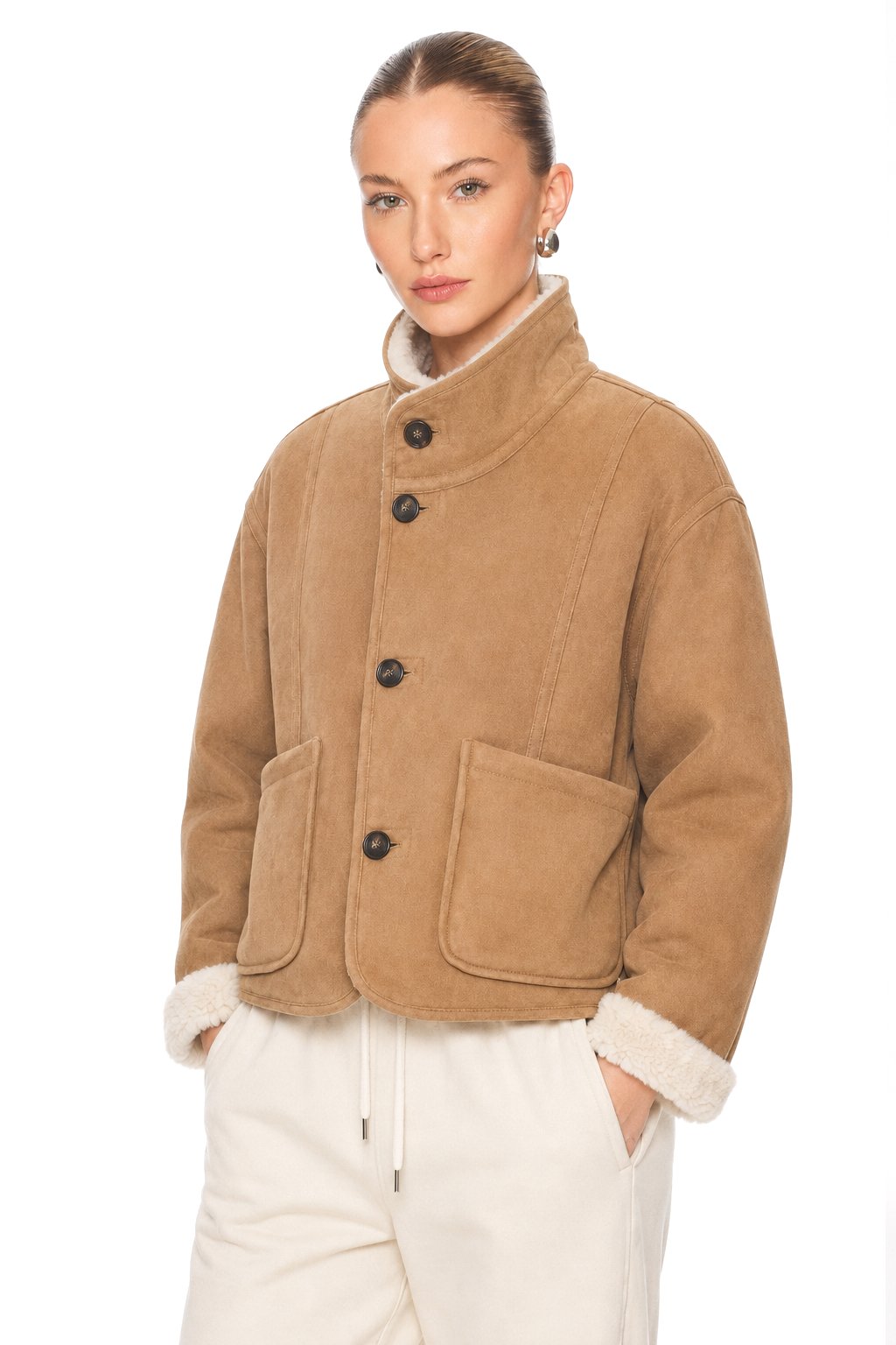 Sunzel Womens Reversible Sherpa Coat, Camel Suede Look Short Trench Outerwear, Stand Collar Button Front Jacket with Pockets