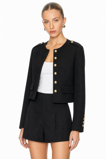 Sunzel Womens Cropped Military Jacket Black Collarless Blazer Gold Button Fall Dress Coat