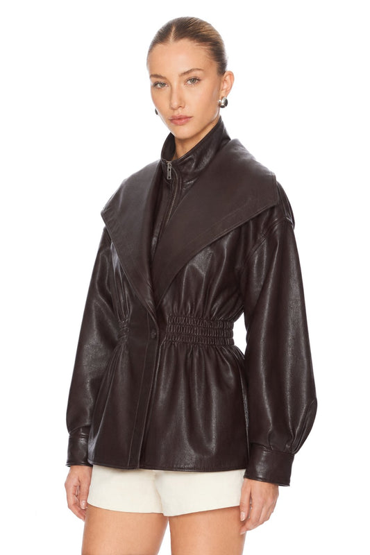 Sunzel Womens Faux Leather Jacket Brown PU Moto Jacket Cinched Waist, Zip Up Oversized Lapel Long Sleeve Fall Streetwear Short Coat