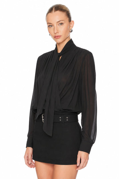 Sunzel Womens Tie Neck Pleated Blouse Long Sleeve Sheer Chiffon Dressy Office Top Loose Elegant Shirt