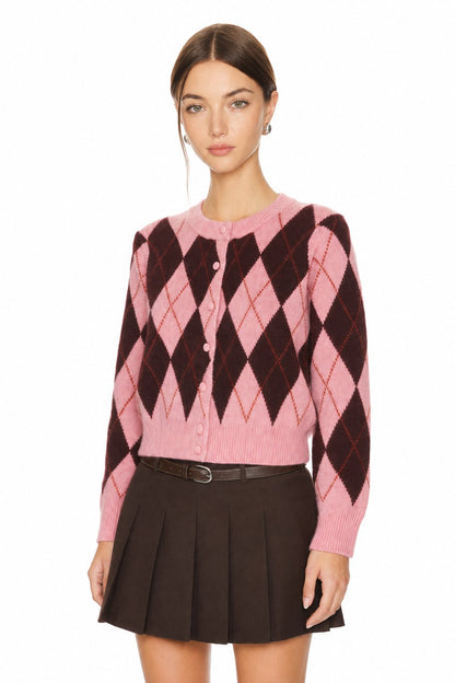 Sunzel Womens Sweater Coat Argyle Knit Cardigan Round Neck Button Down Long Sleeve Fall Winter Preppy Casual Jacket