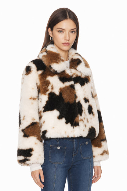 Sunzel Womens Cow Print Faux Fur Cropped Jacket Stand Collar Plush Fall Winter Outerwear