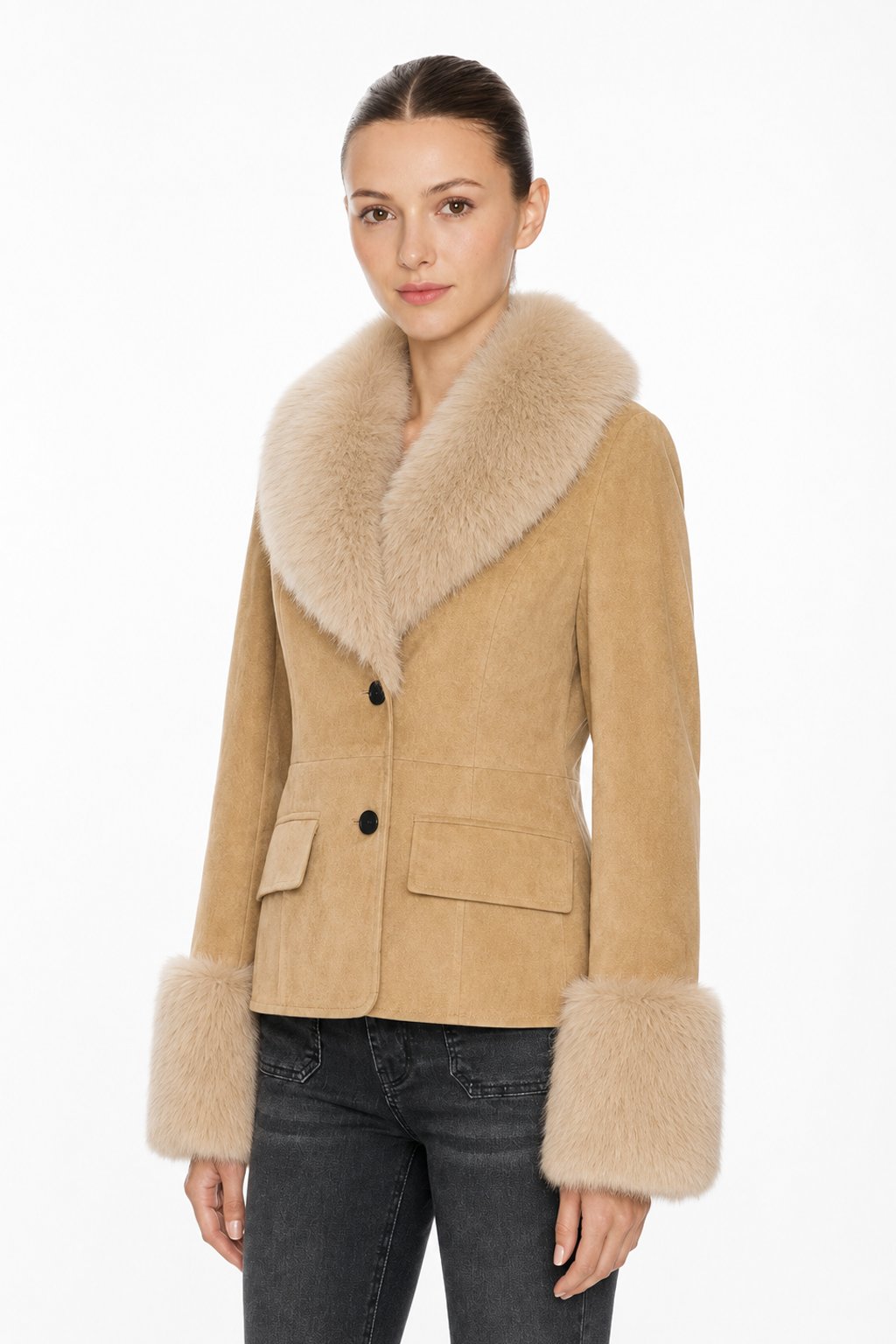 Sunzel Womens Faux Suede Jacket Faux Fur Collar Cuffs Short Coat, Button Front Warm Dressy Winter Outerwear with Flap Pockets