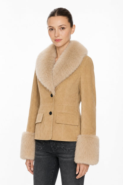 Sunzel Womens Faux Suede Jacket Faux Fur Collar Cuffs Short Coat, Button Front Warm Dressy Winter Outerwear with Flap Pockets