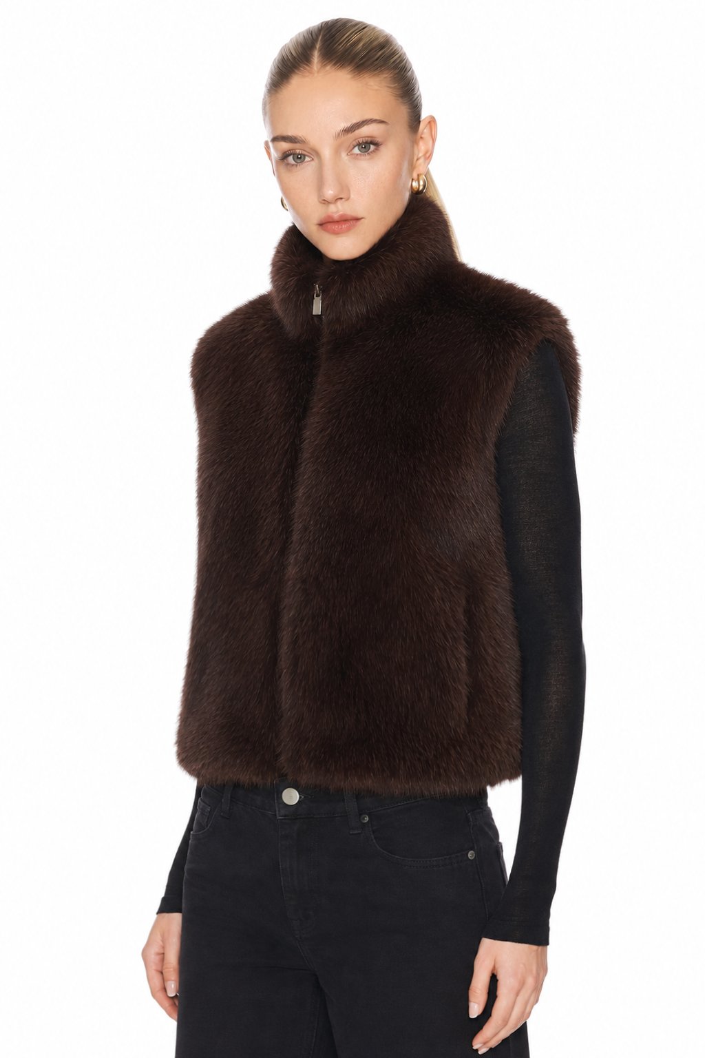 Sunzel Womens Faux Fur Vest Zip Up Sleeveless Fluffy Plush Gilet, Stand Collar Brown Winter Layering Outerwear for Women