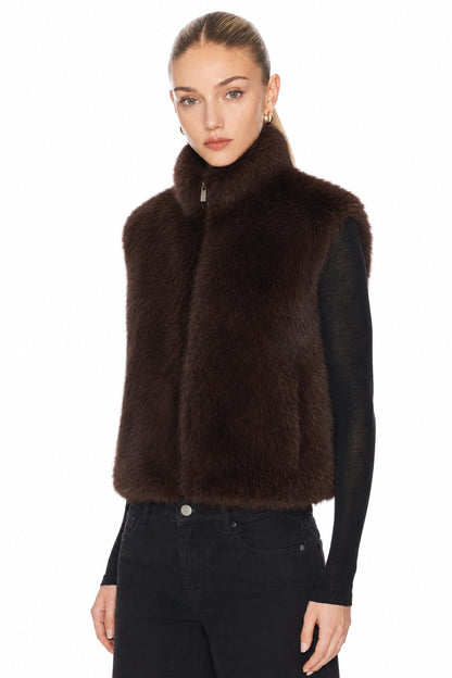 Sunzel Womens Faux Fur Vest Zip Up Sleeveless Fluffy Plush Gilet, Stand Collar Brown Winter Layering Outerwear for Women