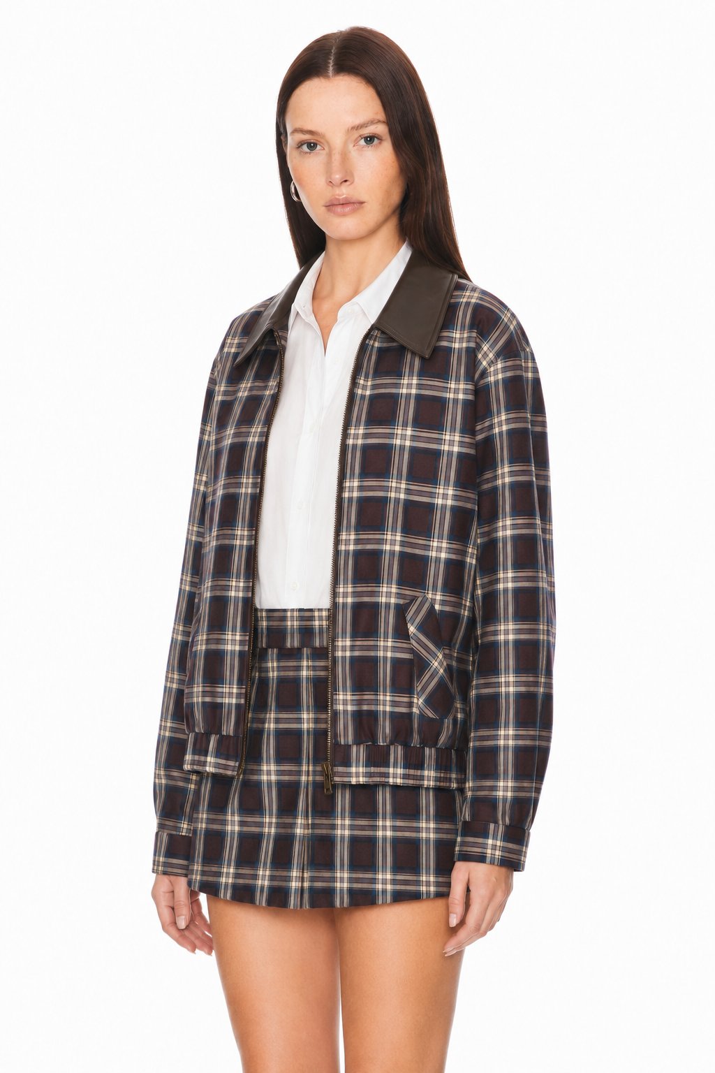 Sunzel Womens Plaid Two Piece Skirt Set Zip Up Jacket Mini Skirt, Faux Leather Collar Matching Outfit with Pockets, Fall Spring Casual Streetwear Set