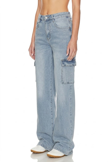 Sunzel Womens Cargo Jeans High Waisted Straight Leg Denim Pants, Light Wash Utility Pocket Casual Work Travel Jeans
