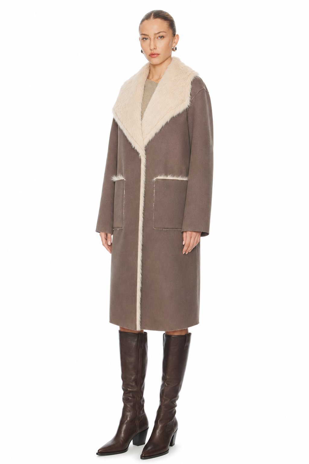 Sunzel Women Reversible Faux Shearling Coat Faux Fur Collar Long Winter Overcoat with Pockets Taupe