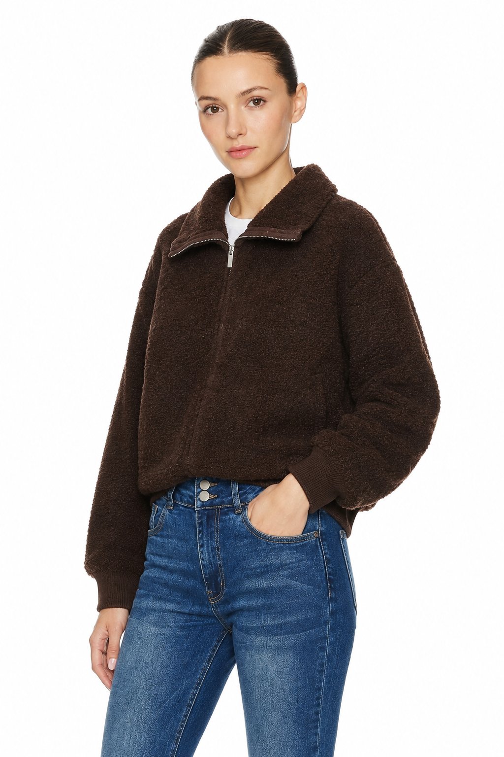 Sunzel Womens Fuzzy Fleece Bomber Jacket Zip Up Sherpa Collar Long Sleeve Warm Fall Winter Casual Outerwear