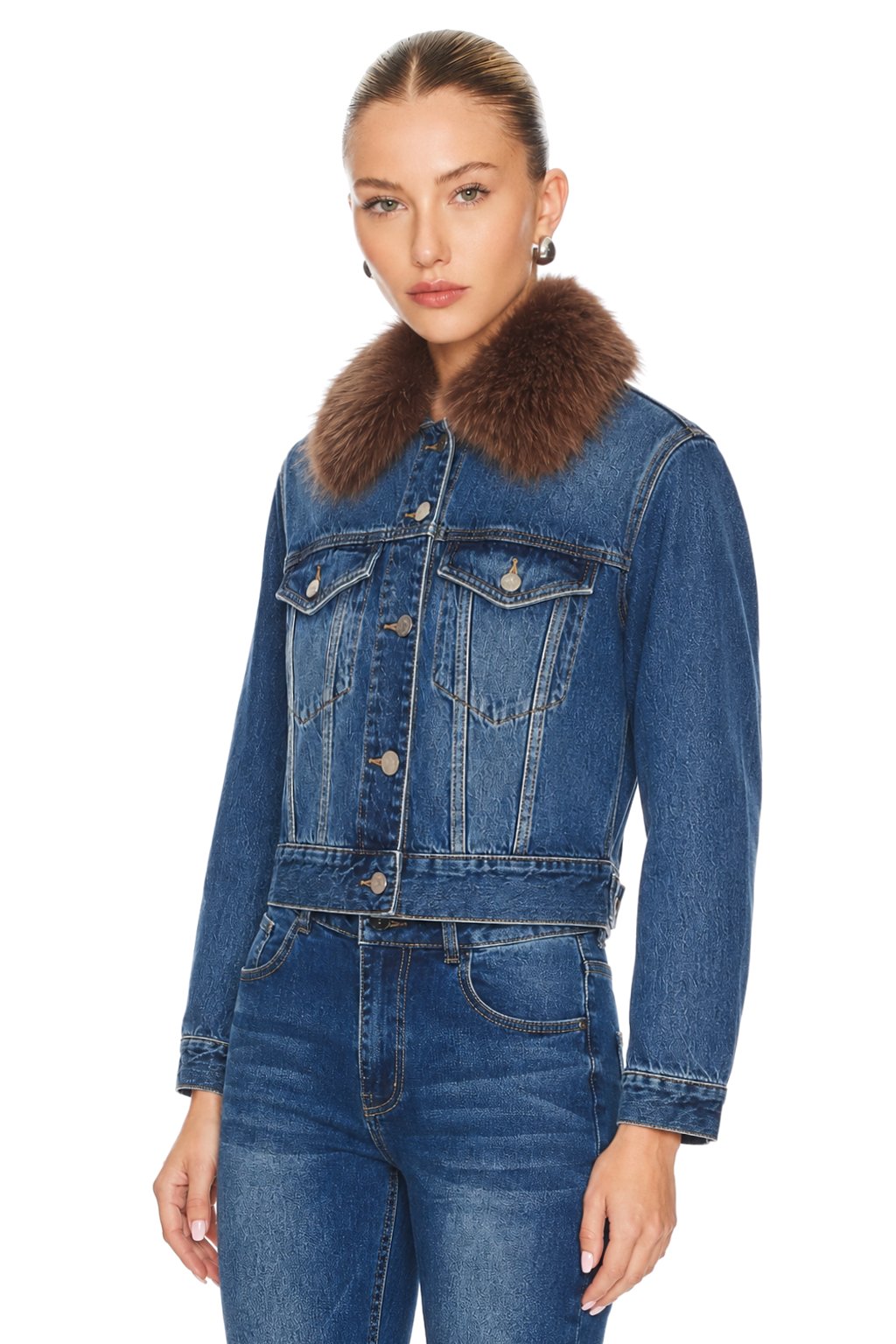Sunzel Womens Cropped Denim Jacket Faux Fur Collar Button Down Short Jean Coat, Fall Winter Casual Outerwear with Flap Chest Pockets