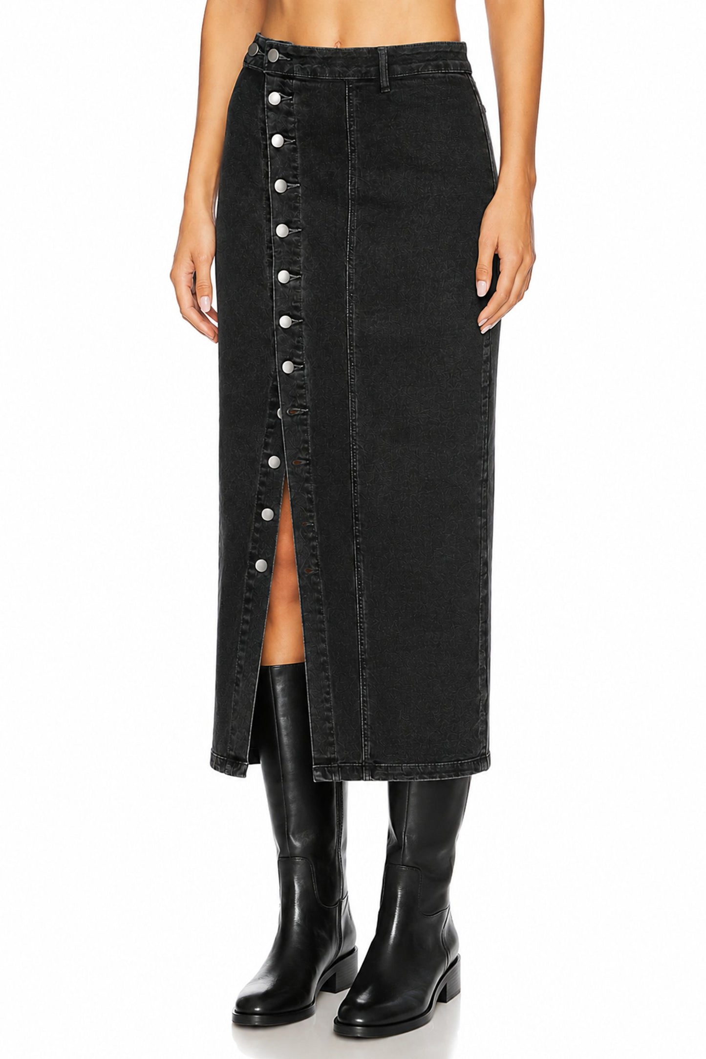 Sunzel Women's High Waisted Denim Maxi Skirt Button Front Side Slit Jean Skirt, Black Washed Fitted Long Denim Pencil Skirt for Fall Going Out