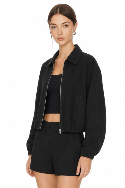 Sunzel Womens Cropped Bomber Jacket Full Zip Suede Look Turn Down Collar Balloon Sleeve Fall Coat