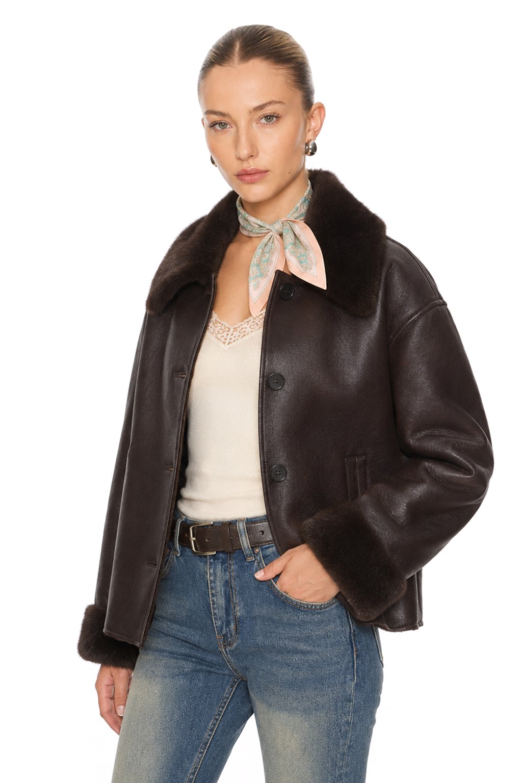 Sunzel Womens Faux Leather Jacket Faux Fur Collar Cuffs Dark Brown, Button Front Oversized Short Winter Coat with Pockets